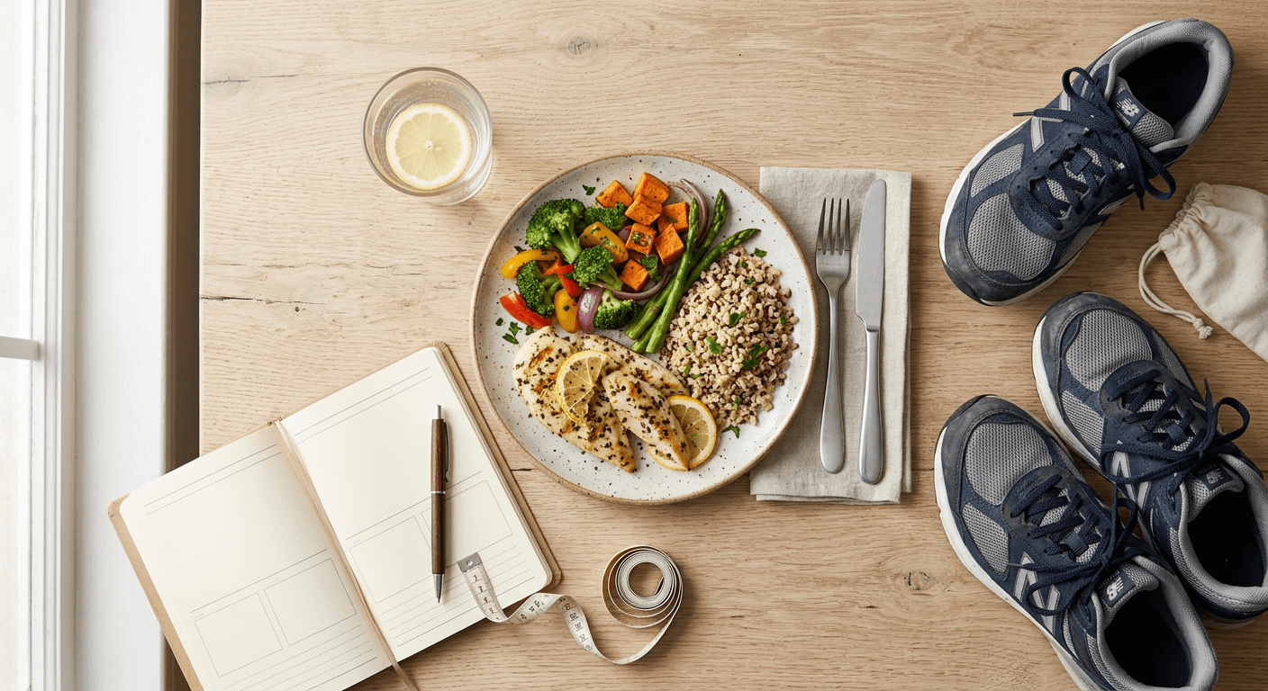A balanced plate of vegetables, lean protein, and whole grains beside a pair of walking shoes