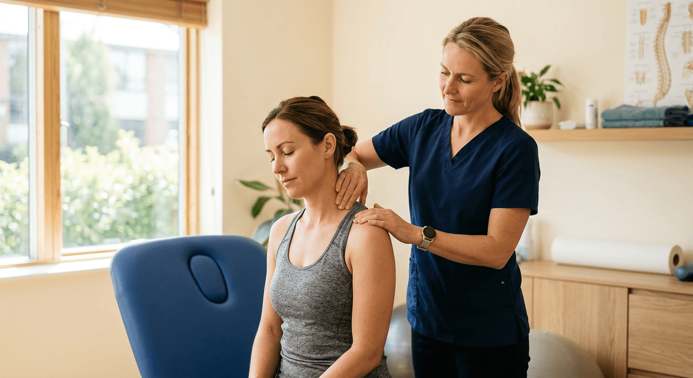 A physical therapist assessing the neck and shoulder muscles of a seated patient