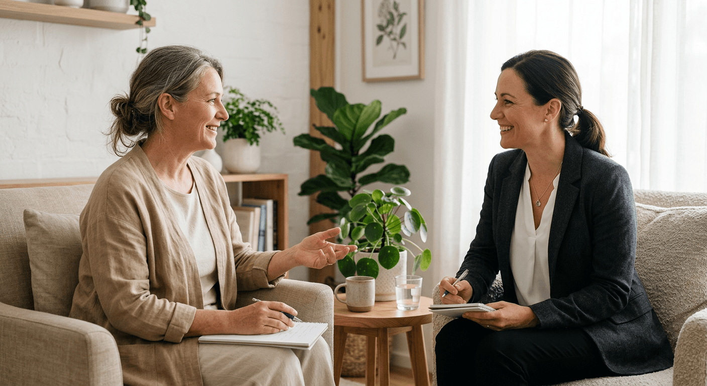 A woman speaking with a clinician in a calm private consultation room
