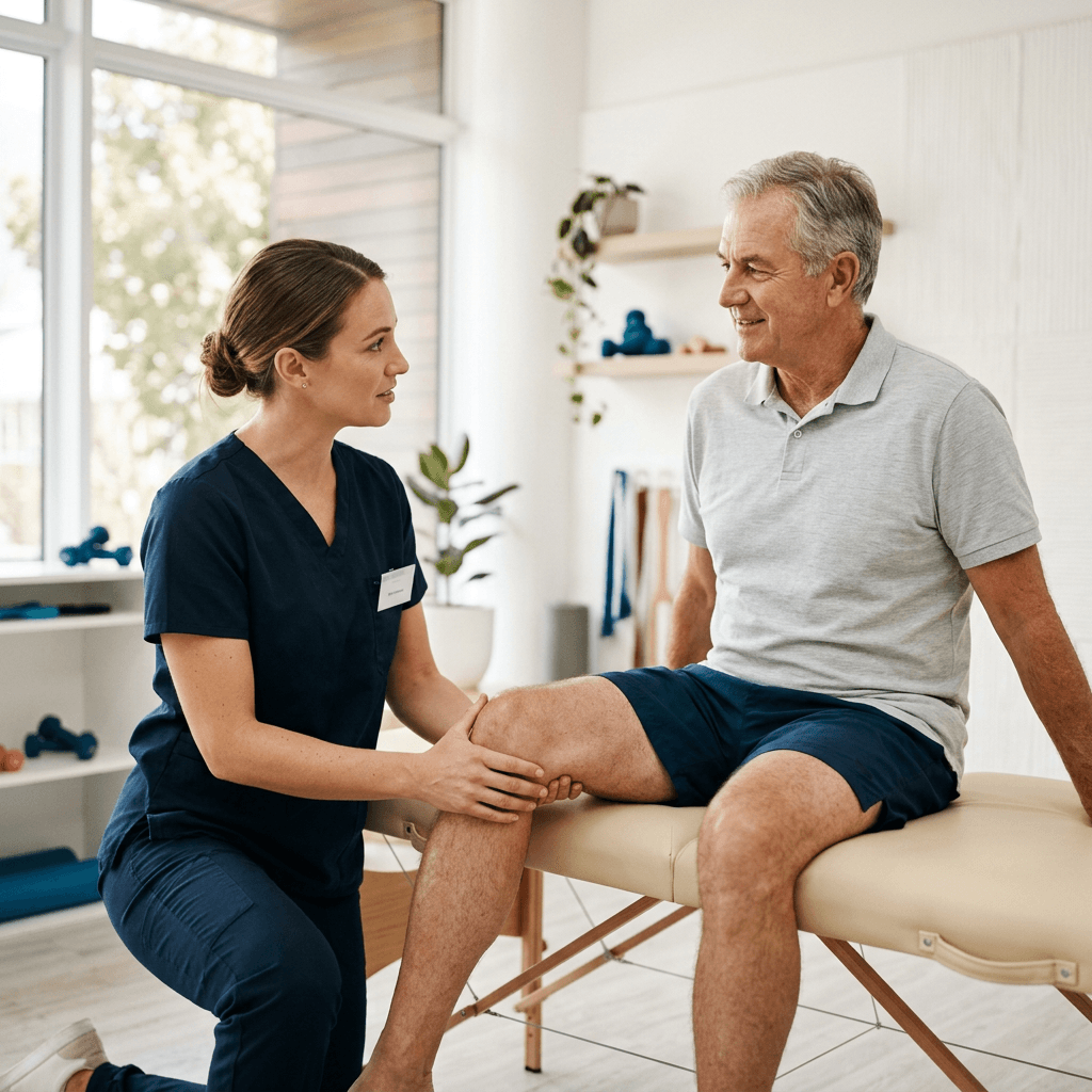 Physical therapist assessing a patient’s knee on a treatment table