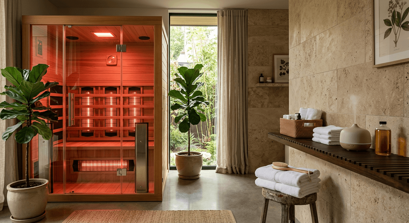A serene wellness room with a sauna and soft red light