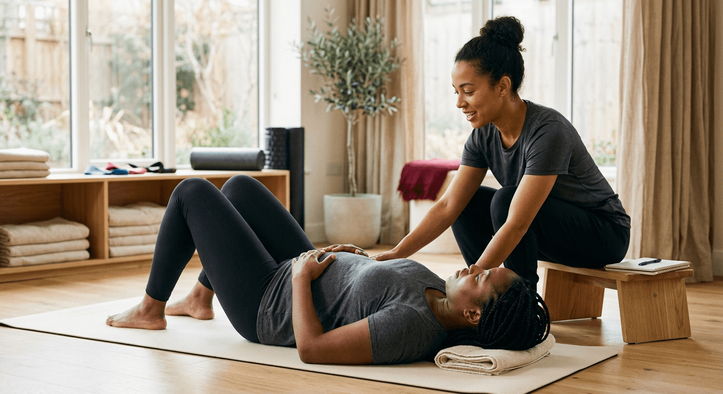 A postpartum mother doing a gentle supported core exercise with a physical therapist beside her