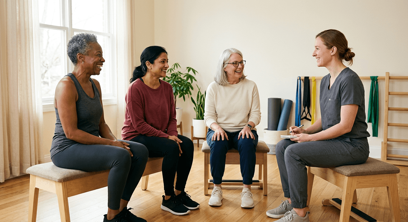 Three women of different ages talking with a physical therapist in a bright studio