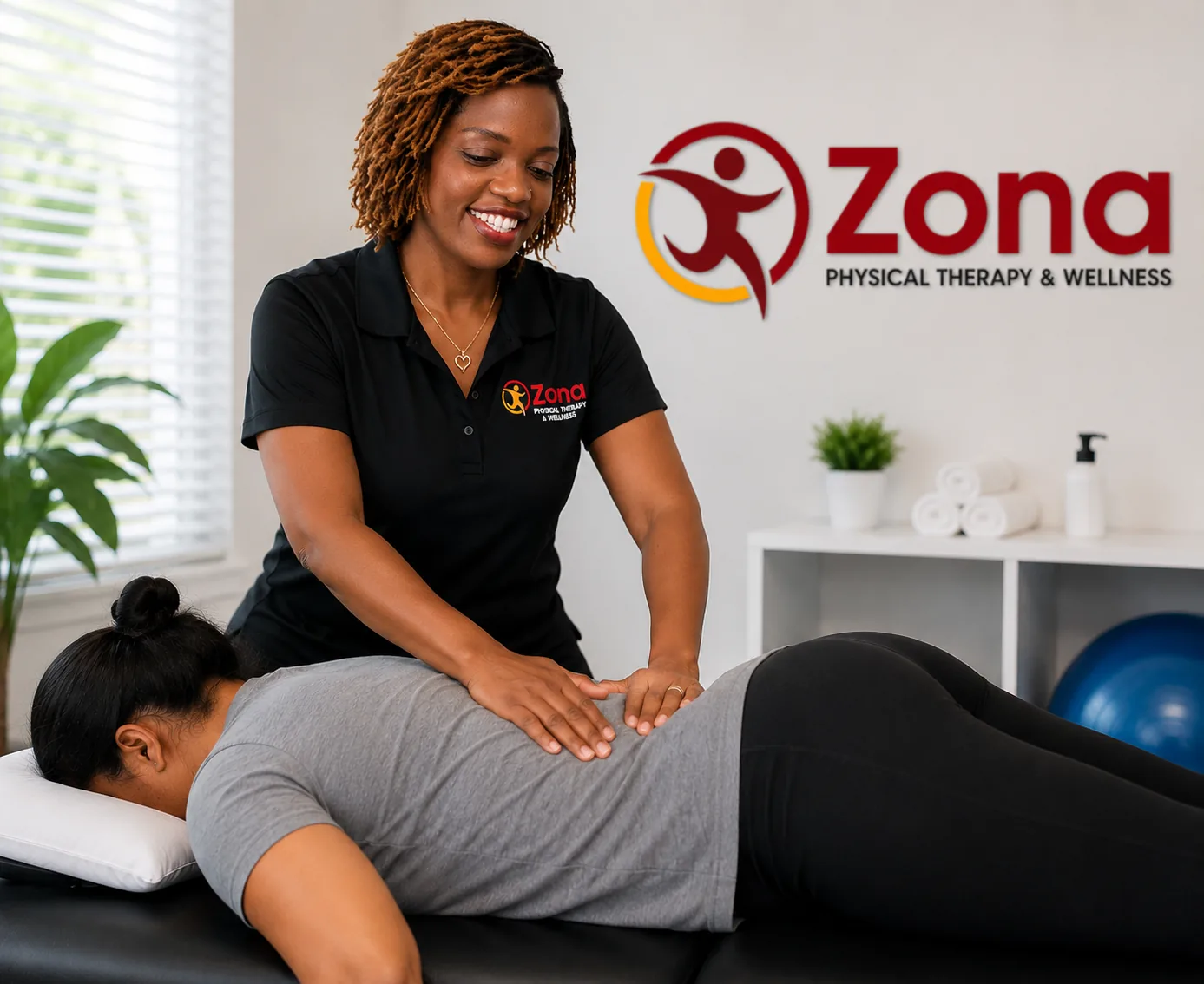 Dr. Clarice providing hands-on physical therapy at Zona Physical Therapy & Wellness in Buford, GA.